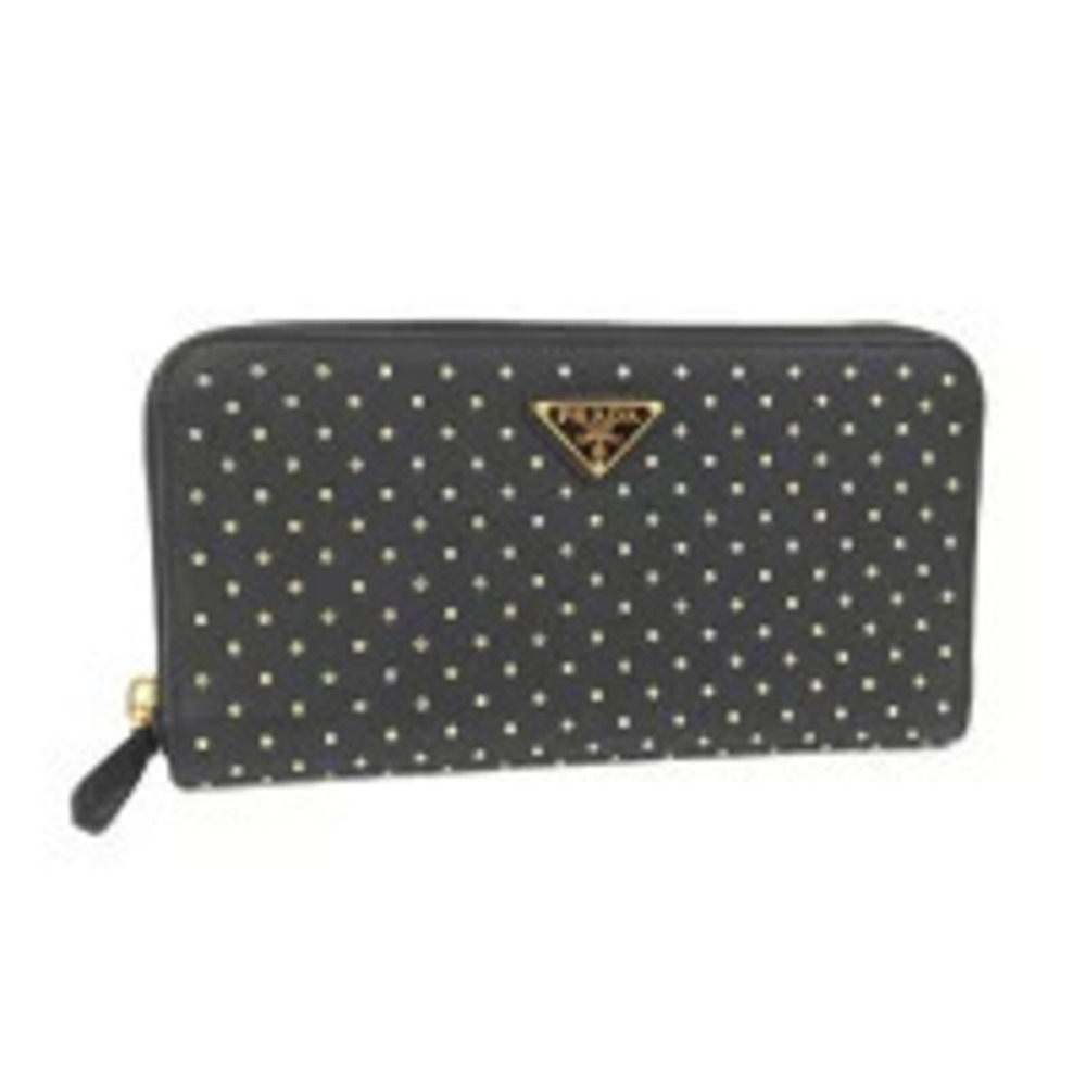 Prada Round Zip Long Wallet Triangle Studded Leather Black